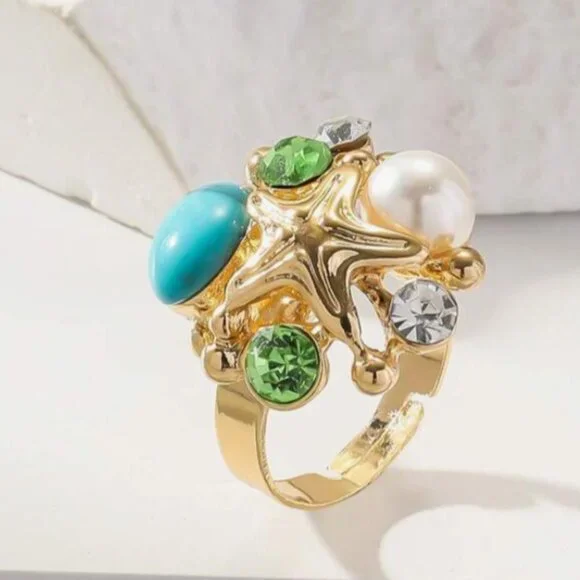 Elegant Aesthetic Simulated Pearl and Turquoise 14K gold-plated ring - Picture 3 of 3